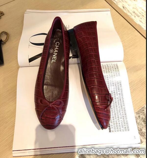 Discount Chanel Crocodile Pattern Classic Bow Ballerinas Flats G31511 Dark Red 01