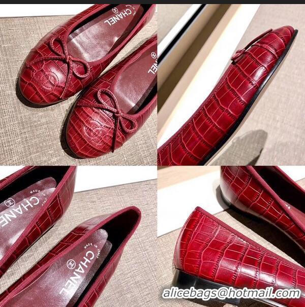 Discount Chanel Crocodile Pattern Classic Bow Ballerinas Flats G31511 Dark Red 01