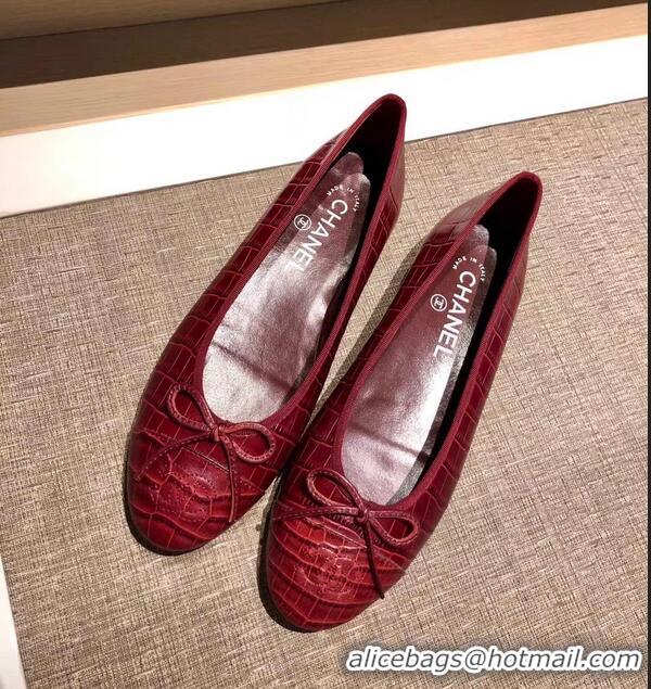 Discount Chanel Crocodile Pattern Classic Bow Ballerinas Flats G31511 Dark Red 01