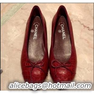 Cheapest Chanel Crocodile Pattern Classic Bow Ballerinas Flats G31512 Dark Red 02