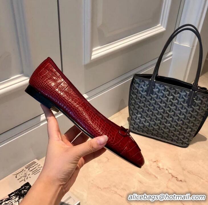 Cheapest Chanel Crocodile Pattern Classic Bow Ballerinas Flats G31512 Dark Red 02