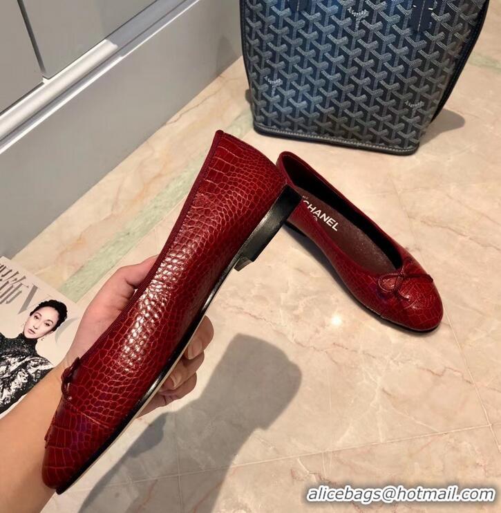 Cheapest Chanel Crocodile Pattern Classic Bow Ballerinas Flats G31512 Dark Red 02