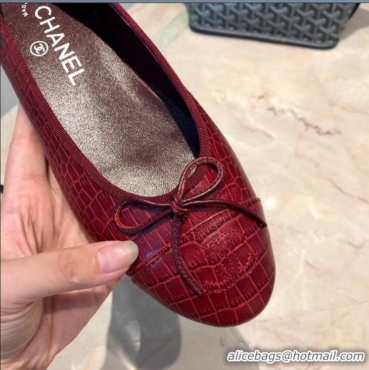 Cheapest Chanel Crocodile Pattern Classic Bow Ballerinas Flats G31512 Dark Red 02