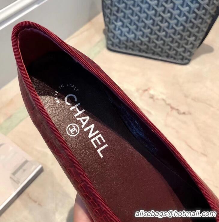 Cheapest Chanel Crocodile Pattern Classic Bow Ballerinas Flats G31512 Dark Red 02