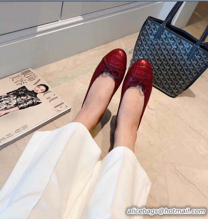 Cheapest Chanel Crocodile Pattern Classic Bow Ballerinas Flats G31512 Dark Red 02