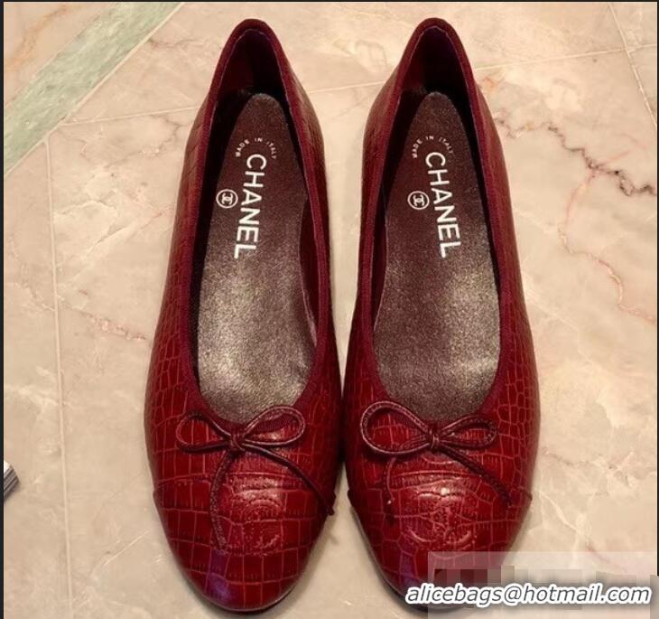 Cheapest Chanel Crocodile Pattern Classic Bow Ballerinas Flats G31512 Dark Red 02