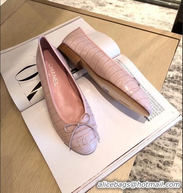 Charming Chanel Crocodile Pattern Classic Bow Ballerinas Flats G31513 Light Pink