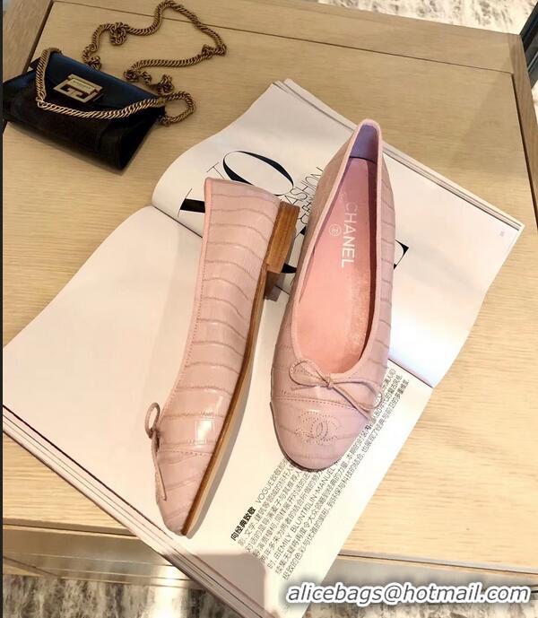 Charming Chanel Crocodile Pattern Classic Bow Ballerinas Flats G31513 Light Pink