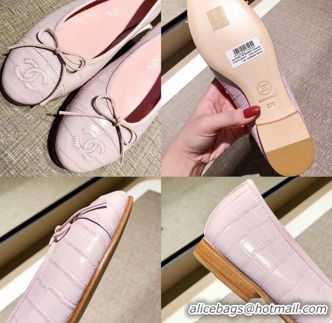 Charming Chanel Crocodile Pattern Classic Bow Ballerinas Flats G31513 Light Pink