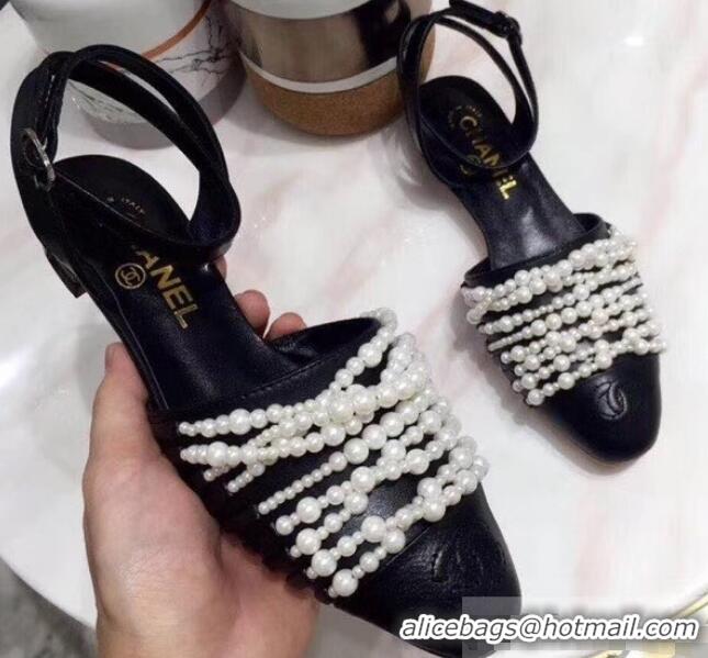 Famous Brand Chanel Pearls Slingbacks Sandals G31301 Black 2019