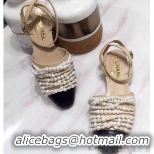 Buy Luxury Chanel Pearls Slingbacks Sandals G31301 Apricot 2019