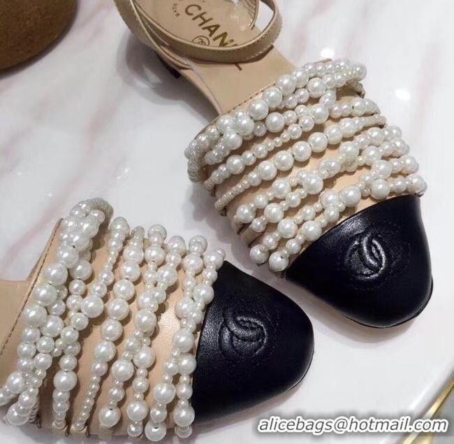 Buy Luxury Chanel Pearls Slingbacks Sandals G31301 Apricot 2019