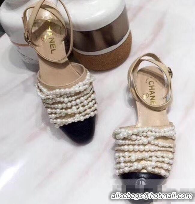 Buy Luxury Chanel Pearls Slingbacks Sandals G31301 Apricot 2019