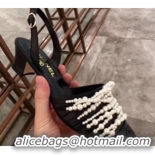 Spot Imitation Chanel Heel 5cm Pearls Slingbacks Sandals G31302 Black 2019