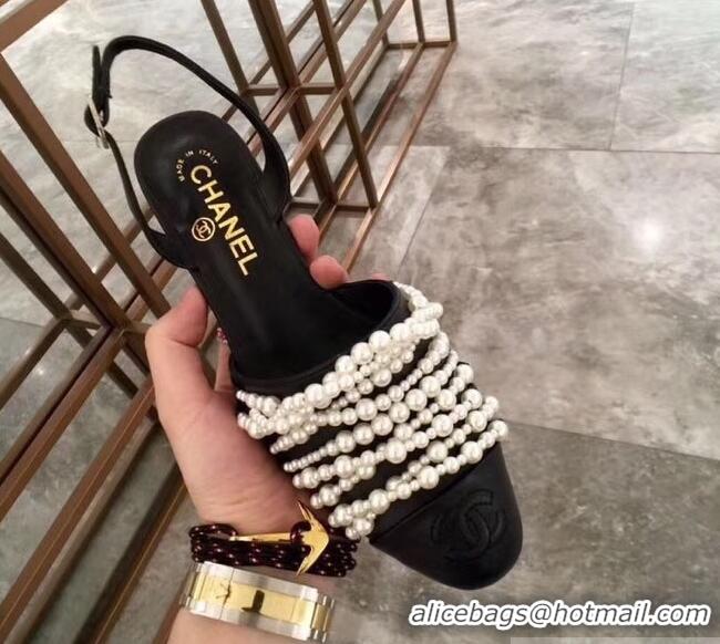 Spot Imitation Chanel Heel 5cm Pearls Slingbacks Sandals G31302 Black 2019