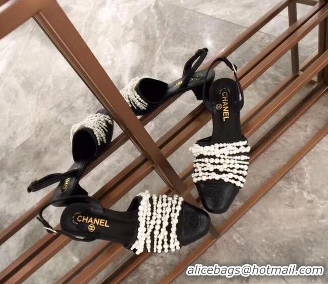 Spot Imitation Chanel Heel 5cm Pearls Slingbacks Sandals G31302 Black 2019