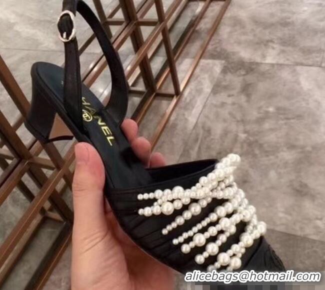 Spot Imitation Chanel Heel 5cm Pearls Slingbacks Sandals G31302 Black 2019