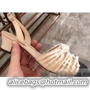 Spot Bulk Chanel Heel 5cm Pearls Slingbacks Sandals G31302 Apricot 2019