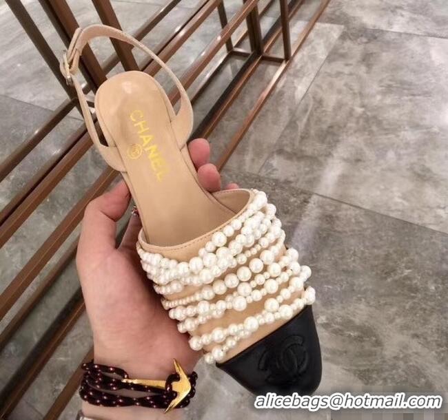 Spot Bulk Chanel Heel 5cm Pearls Slingbacks Sandals G31302 Apricot 2019