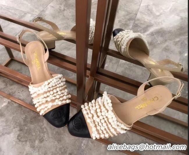 Spot Bulk Chanel Heel 5cm Pearls Slingbacks Sandals G31302 Apricot 2019