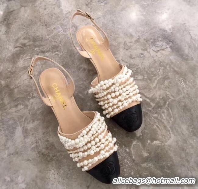 Spot Bulk Chanel Heel 5cm Pearls Slingbacks Sandals G31302 Apricot 2019