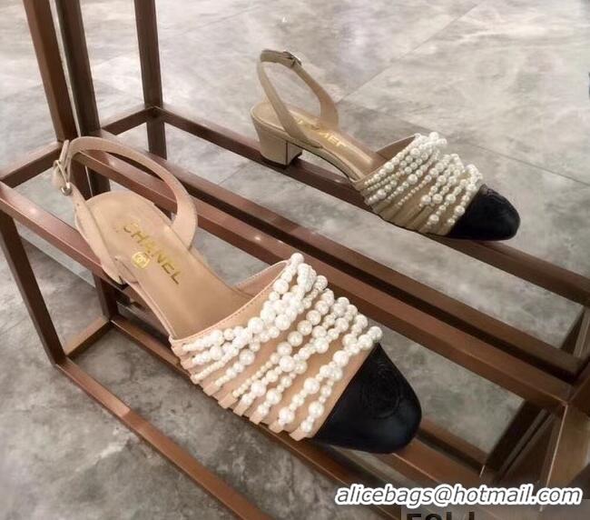 Spot Bulk Chanel Heel 5cm Pearls Slingbacks Sandals G31302 Apricot 2019