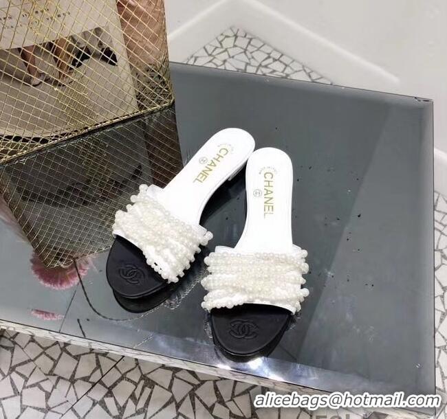 Luxury Classic Chanel Pearls Mules Slipper Sandals G31305 White 2019