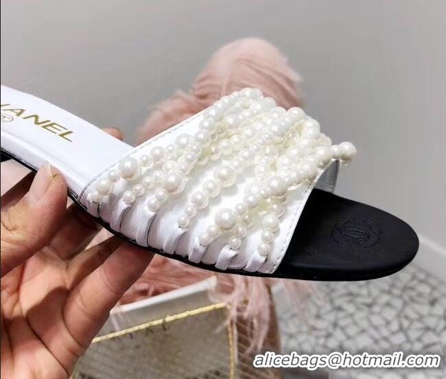 Luxury Classic Chanel Pearls Mules Slipper Sandals G31305 White 2019