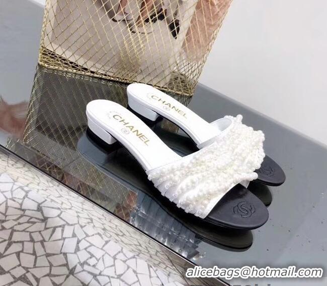 Luxury Classic Chanel Pearls Mules Slipper Sandals G31305 White 2019