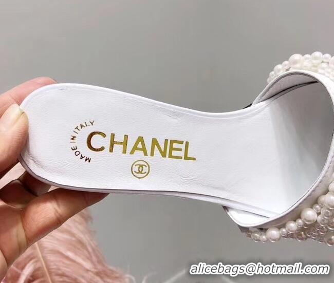 Luxury Classic Chanel Pearls Mules Slipper Sandals G31305 White 2019