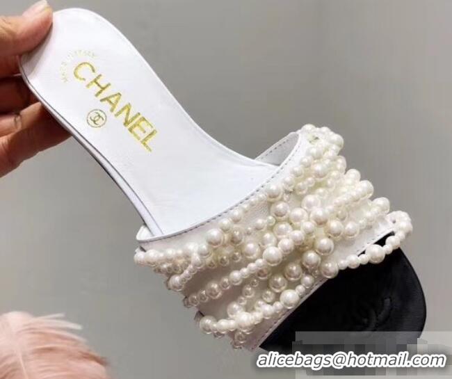 Luxury Classic Chanel Pearls Mules Slipper Sandals G31305 White 2019