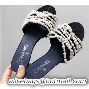 Fashion Ladies Chanel Pearls Mules Slipper Sandals Grossgrain G31305 Black 2019