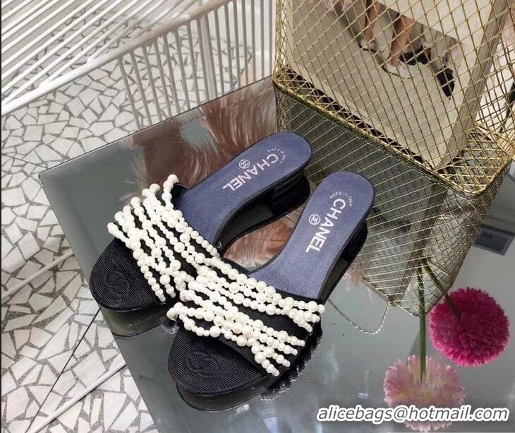 Fashion Ladies Chanel Pearls Mules Slipper Sandals Grossgrain G31305 Black 2019