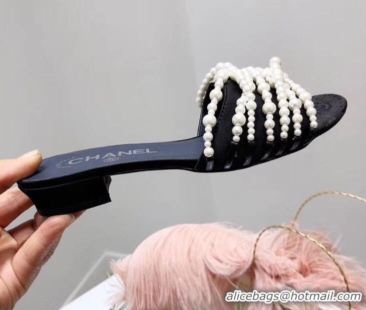 Fashion Ladies Chanel Pearls Mules Slipper Sandals Grossgrain G31305 Black 2019