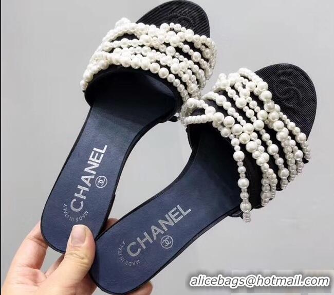 Fashion Ladies Chanel Pearls Mules Slipper Sandals Grossgrain G31305 Black 2019