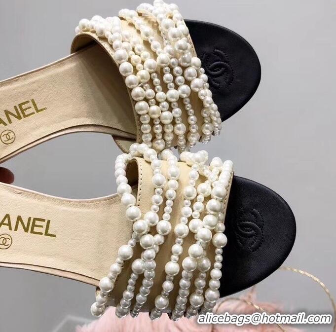 Cheapest Chanel Pearls Mules Slipper Sandals G31306 Apricot 2019