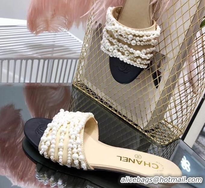 Cheapest Chanel Pearls Mules Slipper Sandals G31306 Apricot 2019