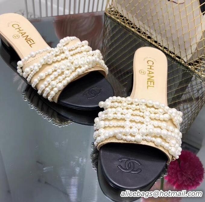 Cheapest Chanel Pearls Mules Slipper Sandals G31306 Apricot 2019