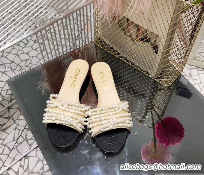 Cheapest Chanel Pearls Mules Slipper Sandals G31306 Apricot 2019