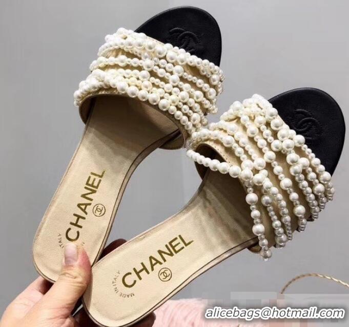 Cheapest Chanel Pearls Mules Slipper Sandals G31306 Apricot 2019