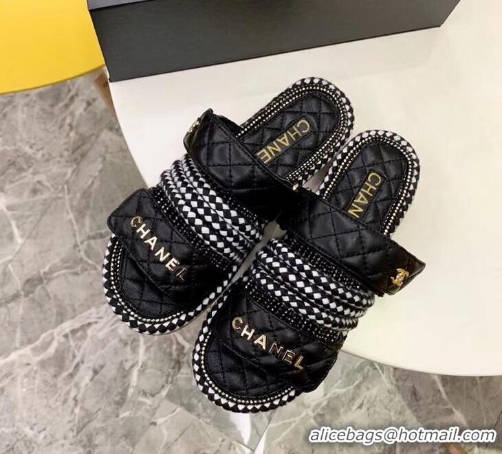 Low Cost Chanel Cord Mules Slipper Sandals G34603 Black 2019