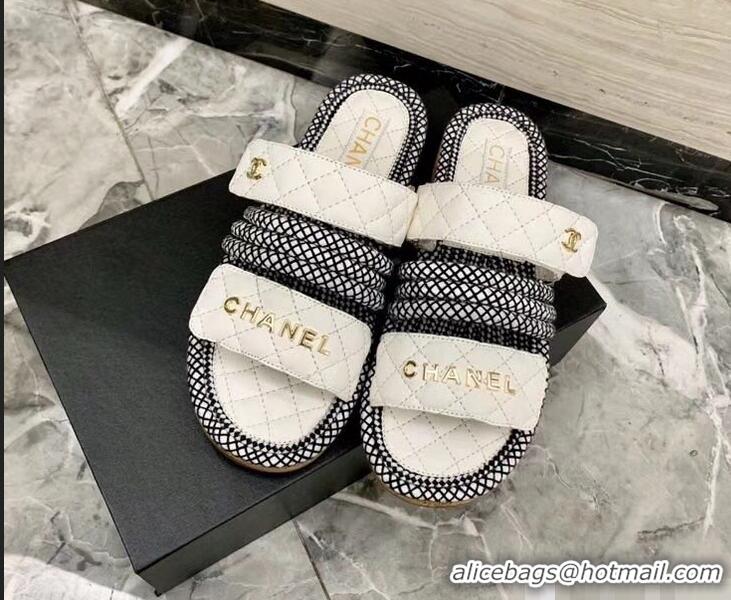 Low Price Chanel Cord Mules Slipper Sandals G34603 White 2019