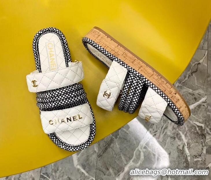 Low Price Chanel Cord Mules Slipper Sandals G34603 White 2019