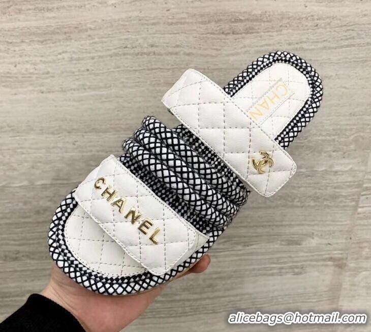 Low Price Chanel Cord Mules Slipper Sandals G34603 White 2019