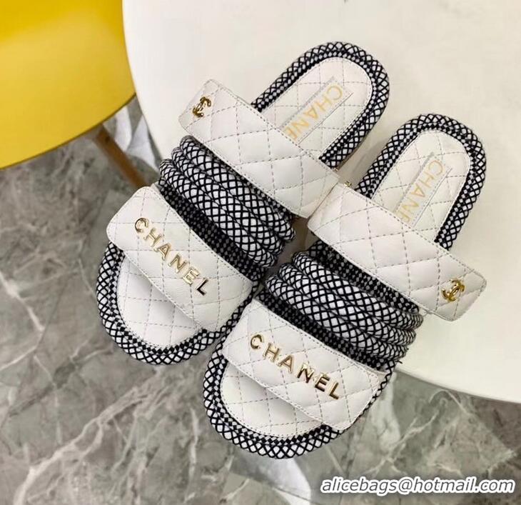 Low Price Chanel Cord Mules Slipper Sandals G34603 White 2019