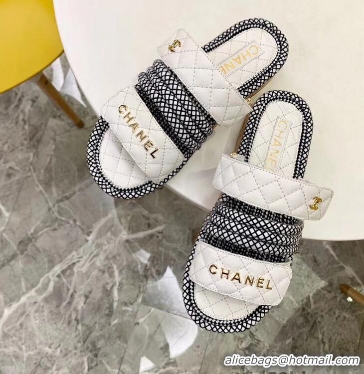 Low Price Chanel Cord Mules Slipper Sandals G34603 White 2019