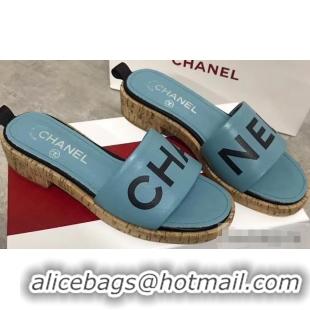 Free Shipping Chanel Lambskin Logo Mules Slipper Sandals G34876 Cyan 2019