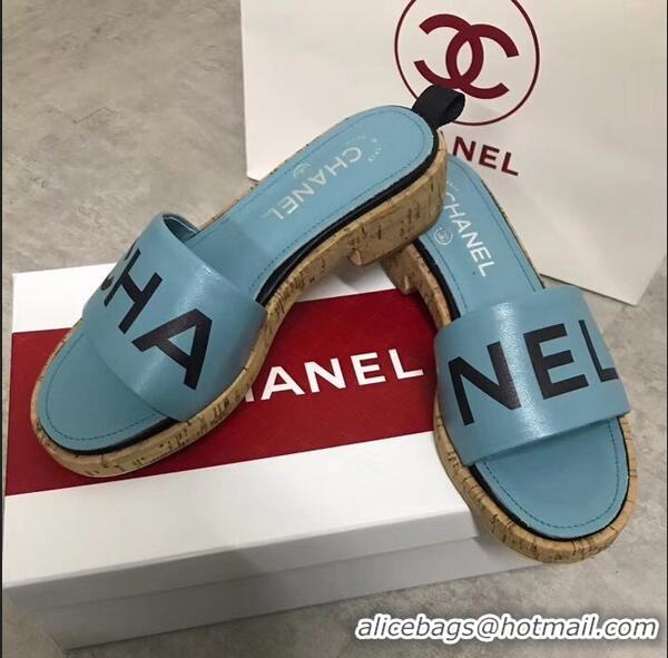 Free Shipping Chanel Lambskin Logo Mules Slipper Sandals G34876 Cyan 2019