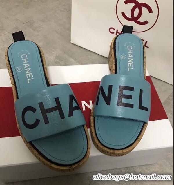 Free Shipping Chanel Lambskin Logo Mules Slipper Sandals G34876 Cyan 2019