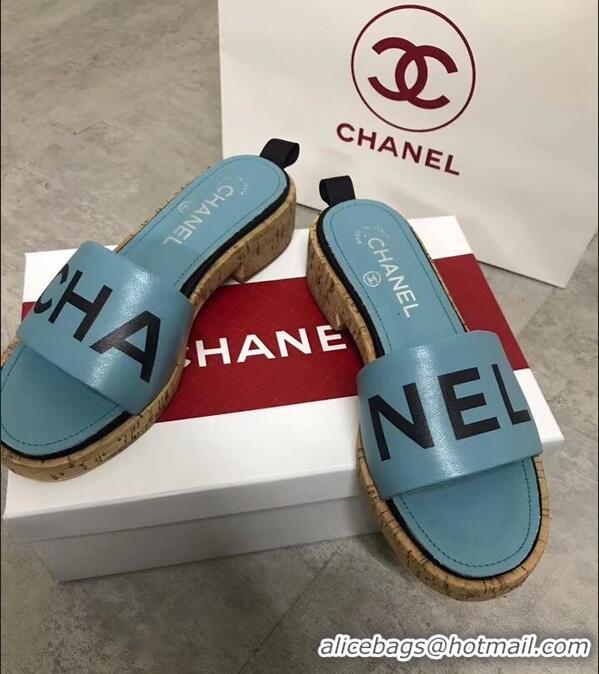 Free Shipping Chanel Lambskin Logo Mules Slipper Sandals G34876 Cyan 2019